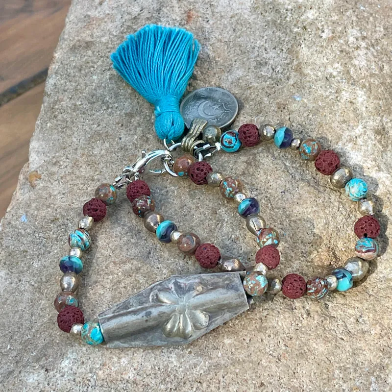 Flower Charm Bracelet with Crazy Lace Agate Gemstones