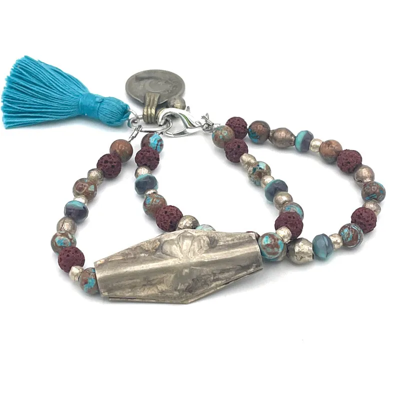 Flower Charm Bracelet with Crazy Lace Agate Gemstones