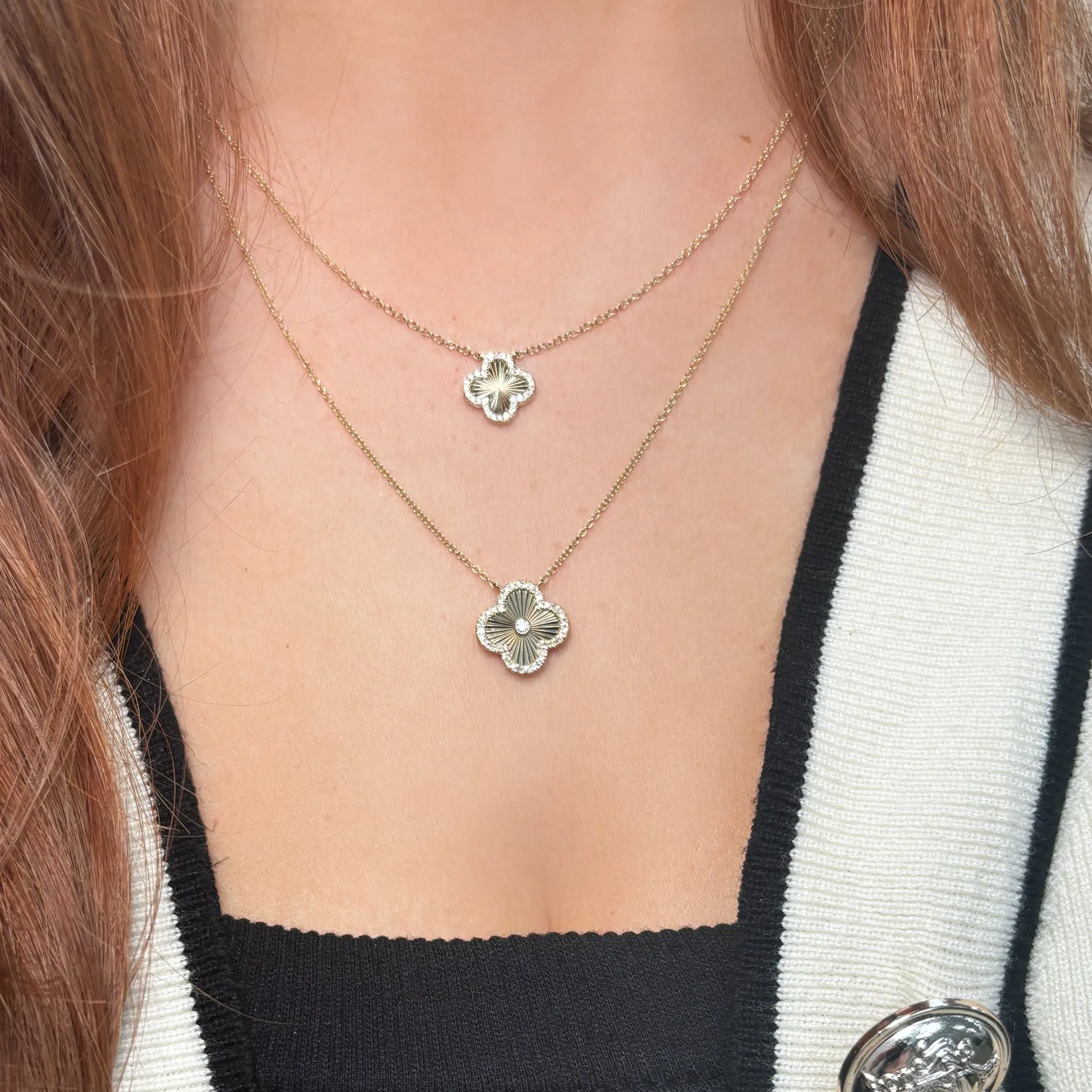 Fluted Gold Diamond Accent Single Clover Necklace