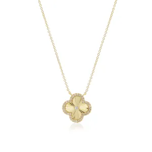 Fluted Gold Diamond Accent Single Clover Necklace