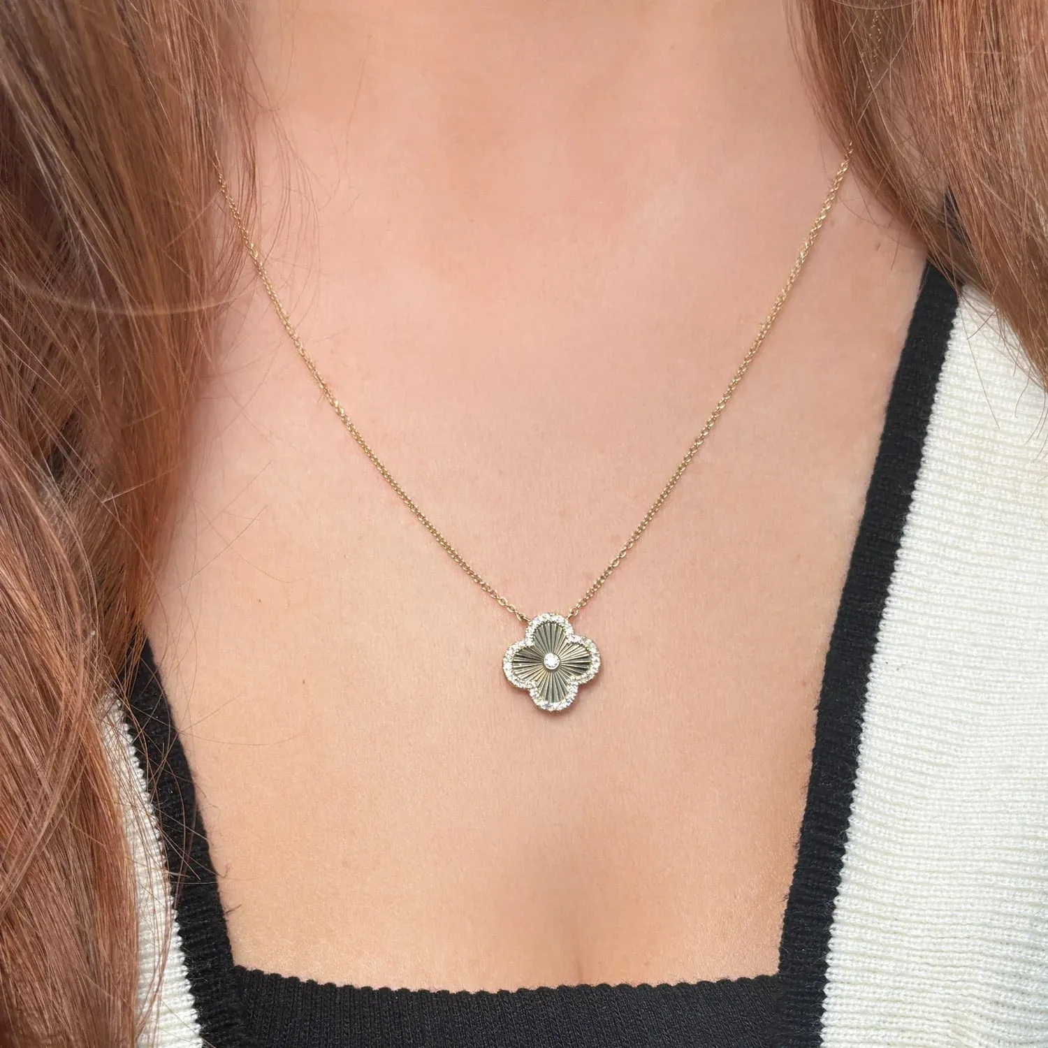Fluted Gold Diamond Accent Single Clover Necklace