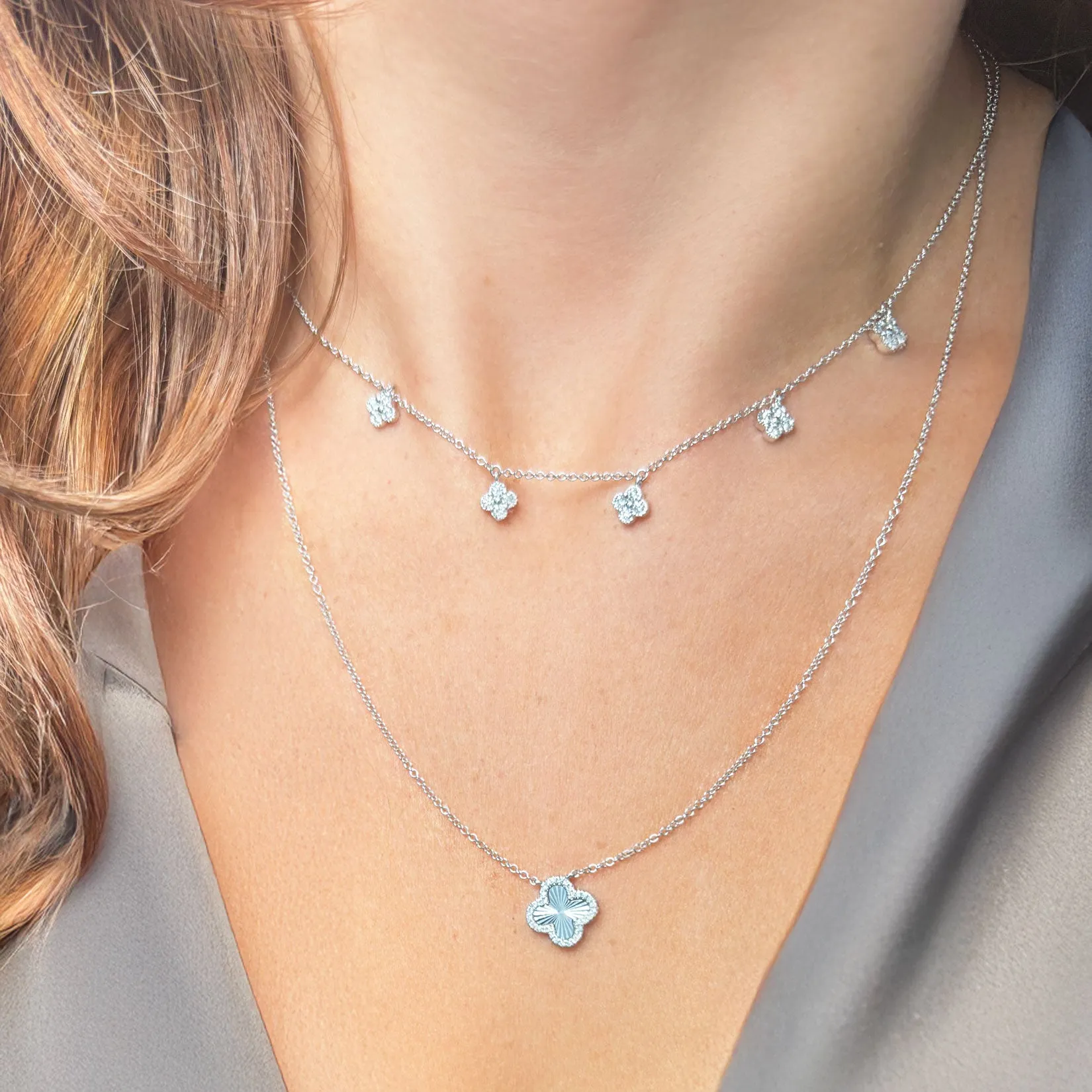 Fluted Gold Diamond Single Clover Necklace