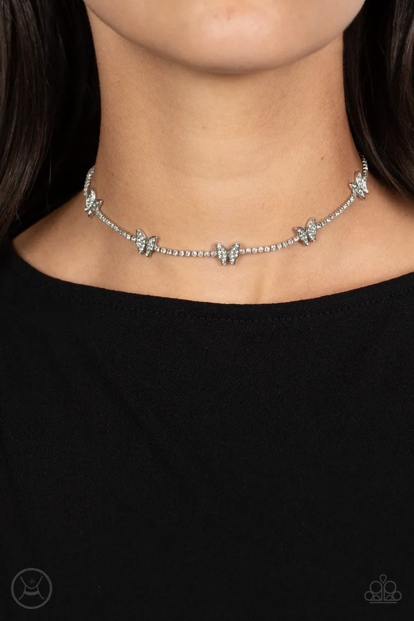 Fluttering Fanatic - White - Rhinestone Butterfly Paparazzi Choker Necklace