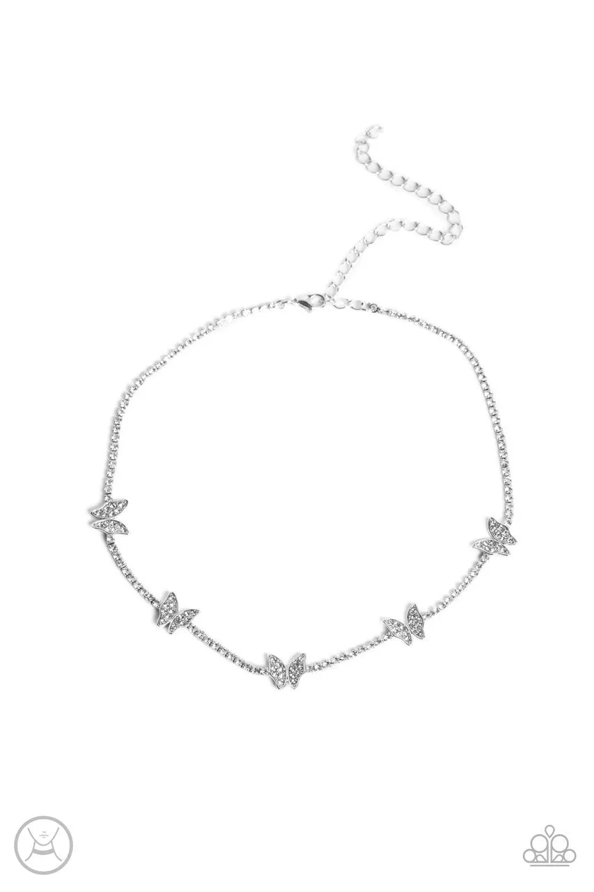 Fluttering Fanatic - White - Rhinestone Butterfly Paparazzi Choker Necklace