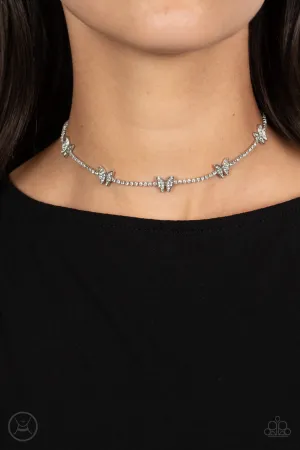 Fluttering Fanatic - White - Rhinestone Butterfly Paparazzi Choker Necklace