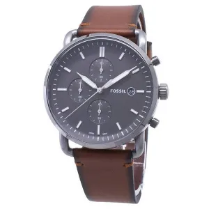 Fossil Commuter Brown Leather Strap Black Dial Chronograph Quartz Watch for Gents - FS5523