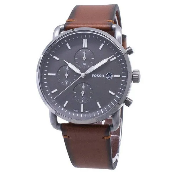 Fossil Commuter Brown Leather Strap Black Dial Chronograph Quartz Watch for Gents - FS5523