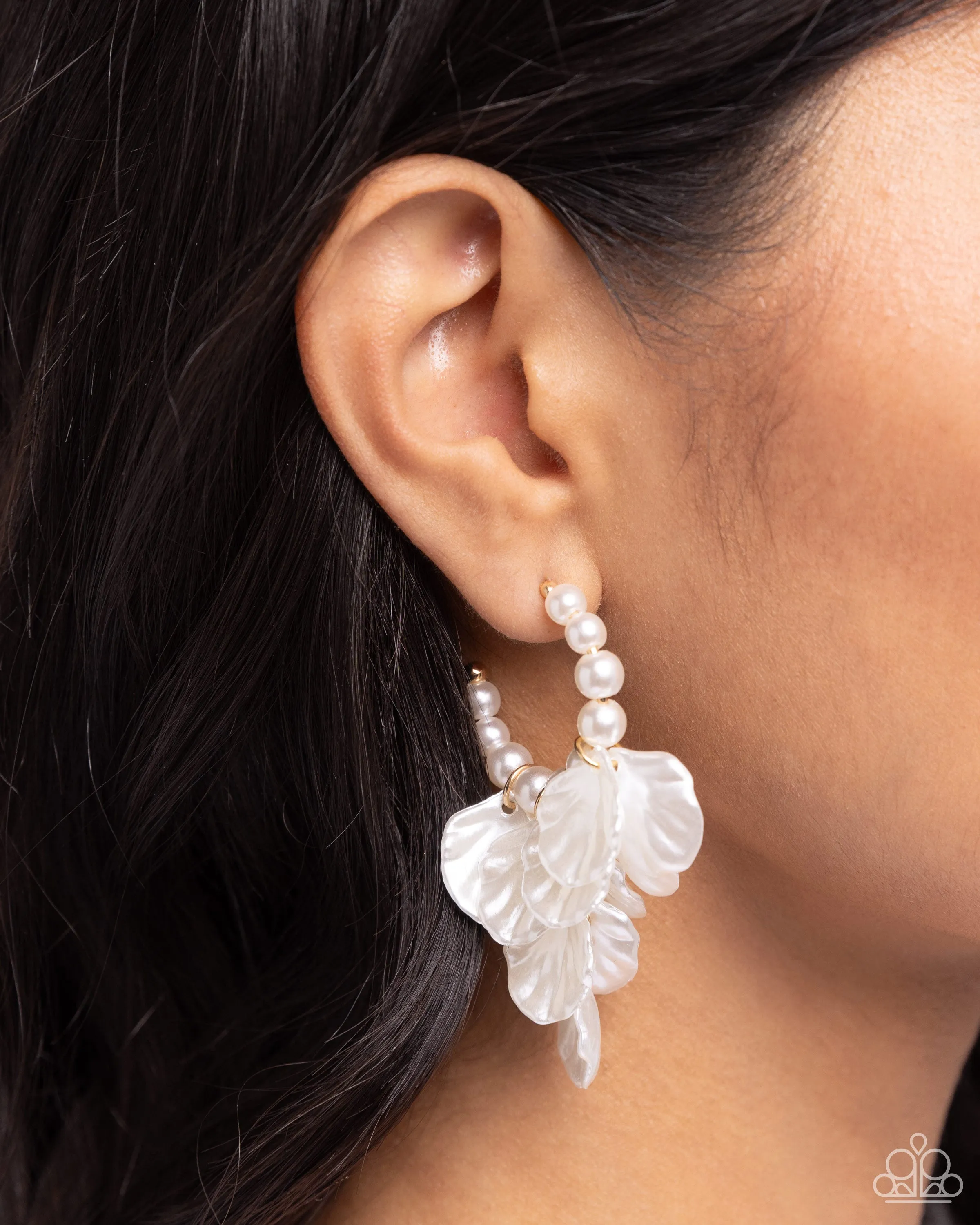 Frilly Feature - Gold - Pearl Flower Paparazzi Hoop Earrings