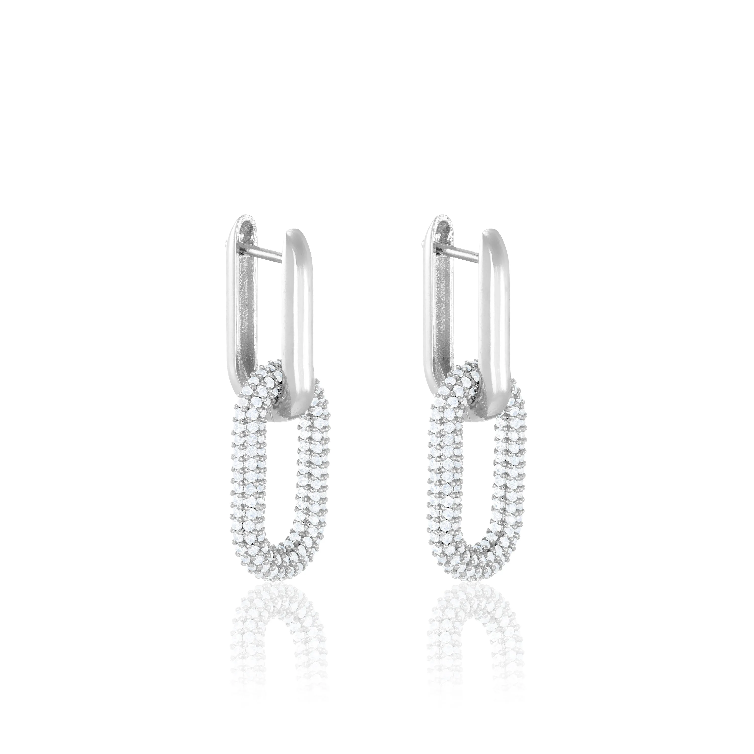 Full Pave Paperclip dangling Hoop Earrings - Silver White