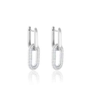 Full Pave Paperclip dangling Hoop Earrings - Silver White