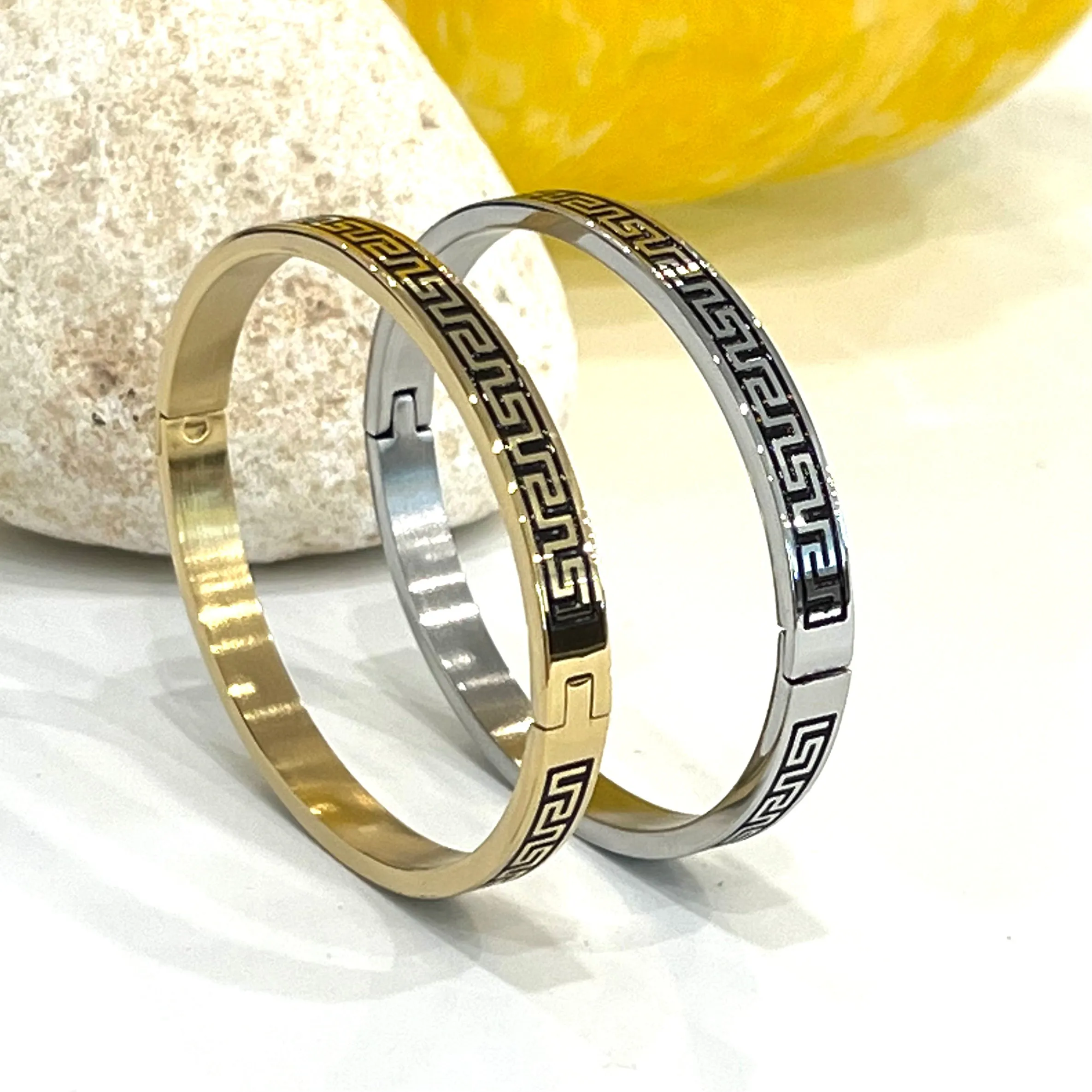 Geometric Enamel Stainless Steel Bangle Bracelet- Gold or Silver