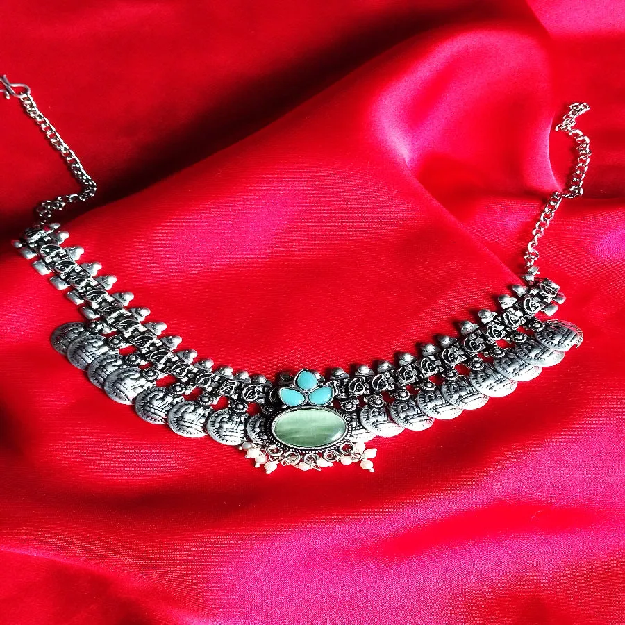 German Silver Oxidized Choker With Green Accent