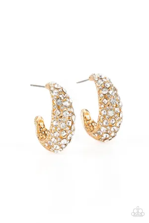 Glamorously Glimmering - Gold - White Rhinestone Paparazzi Hoop Earrings