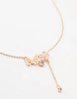 Gold Butterfly Flower Diamante Drop Necklace