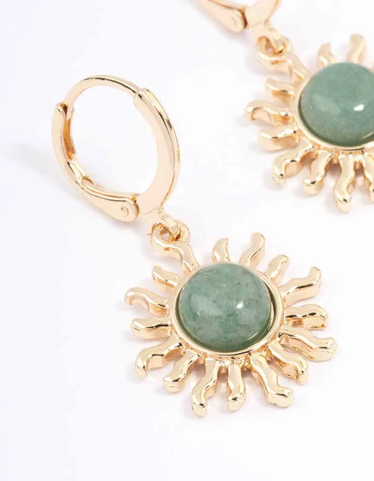 Gold Green Aventurine Sun Huggie Earrings