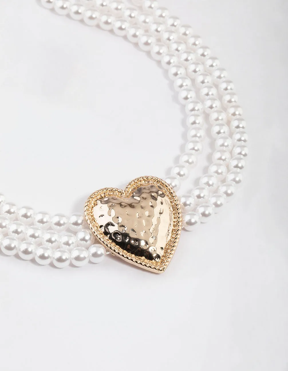 Gold Hammered Heart Pearl Choker