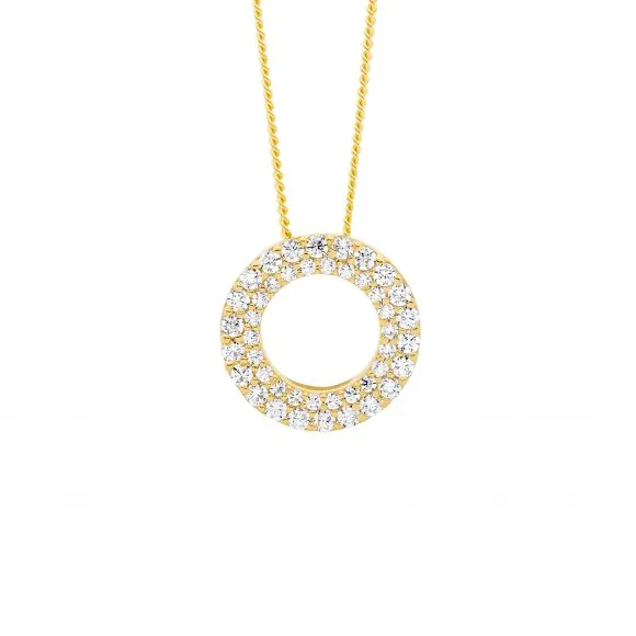 Gold Plated Sterling Silver Double Row Cubic Zirconia Circle Pendant P865G