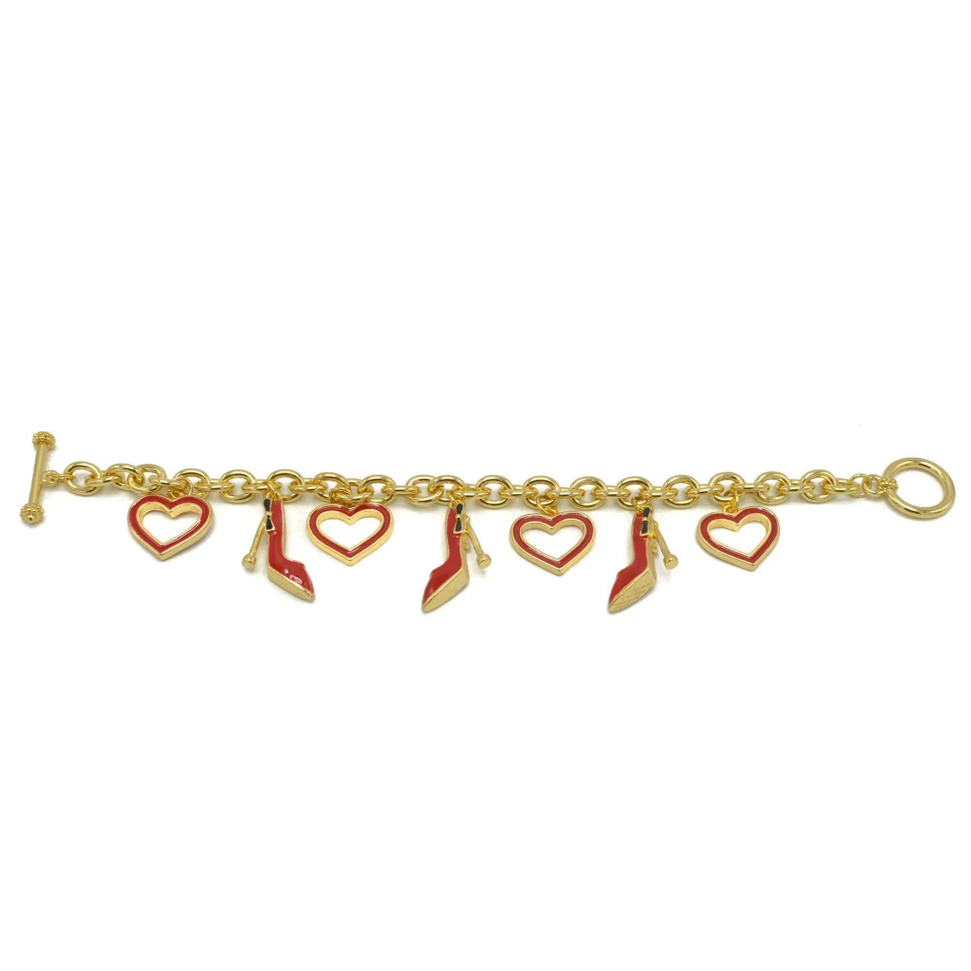 Gold with Red Shoe and Heart Charms Bracelet #HNB90891GDRD(JF7)