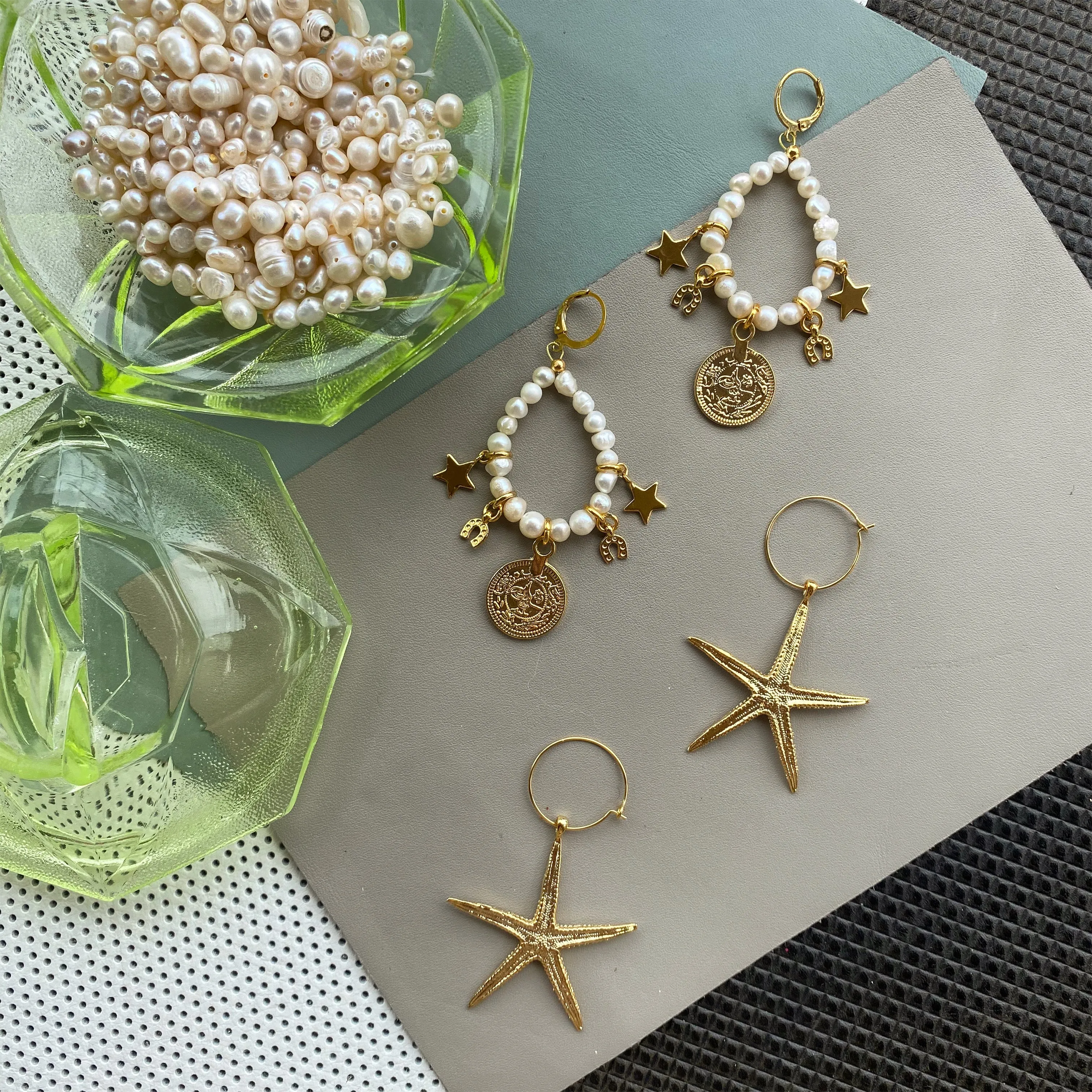 Golden Starfish Hoop Earrings - Handmade Summer Charms