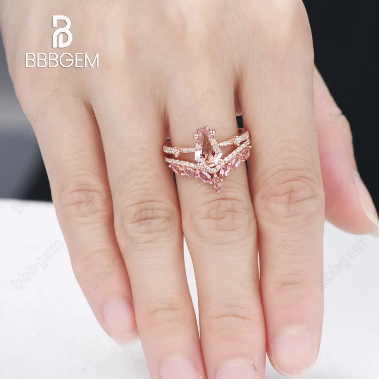 Gothic Coffin Shaped Wedding Ring Set Morganite 14k Rose Gold Ring & Marquise Cut Pink Sapphire Ring