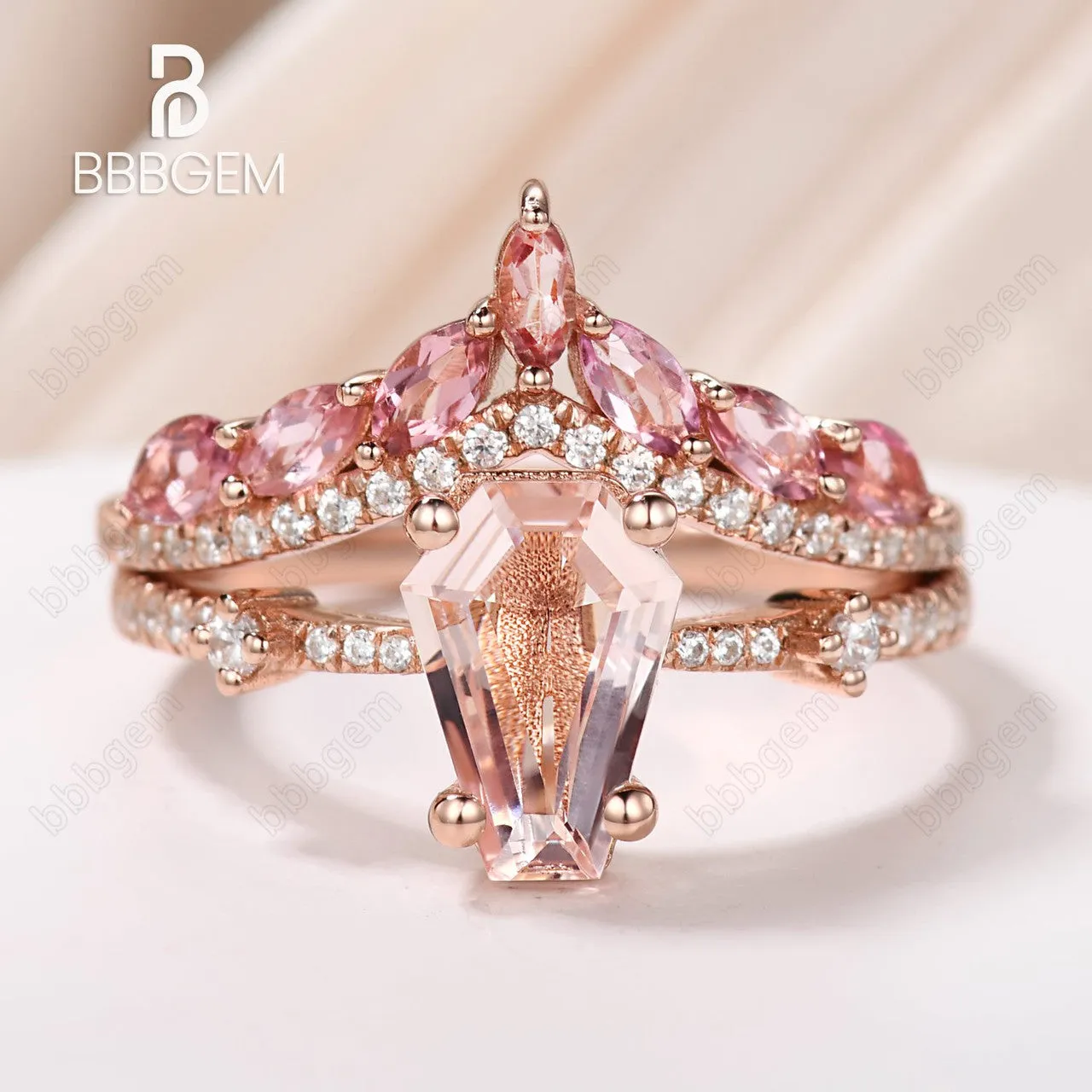 Gothic Coffin Shaped Wedding Ring Set Morganite 14k Rose Gold Ring & Marquise Cut Pink Sapphire Ring
