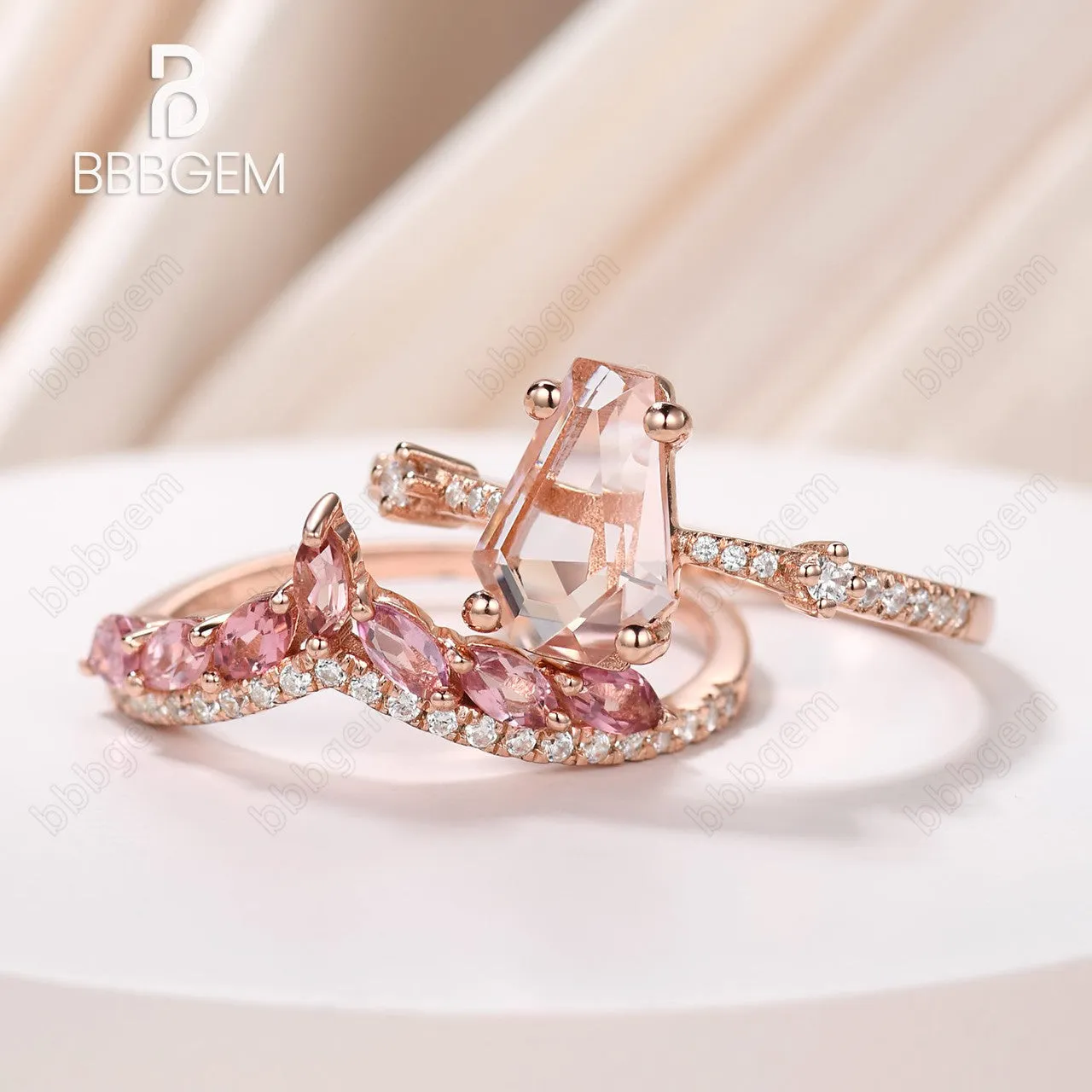 Gothic Coffin Shaped Wedding Ring Set Morganite 14k Rose Gold Ring & Marquise Cut Pink Sapphire Ring