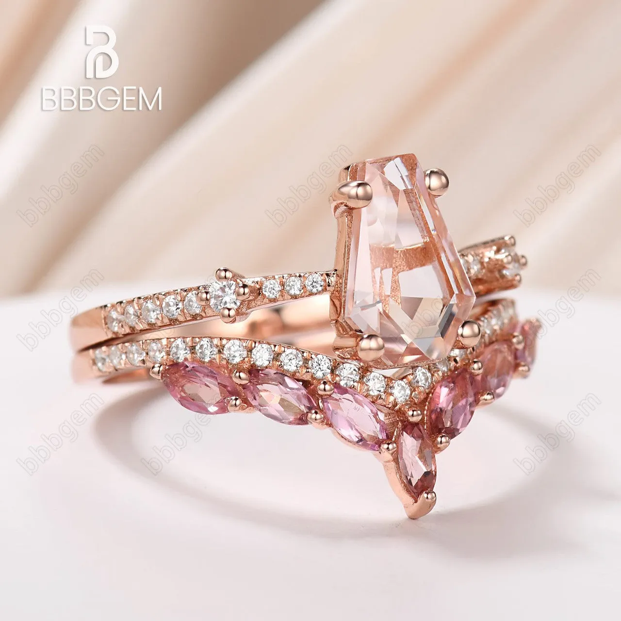 Gothic Coffin Shaped Wedding Ring Set Morganite 14k Rose Gold Ring & Marquise Cut Pink Sapphire Ring