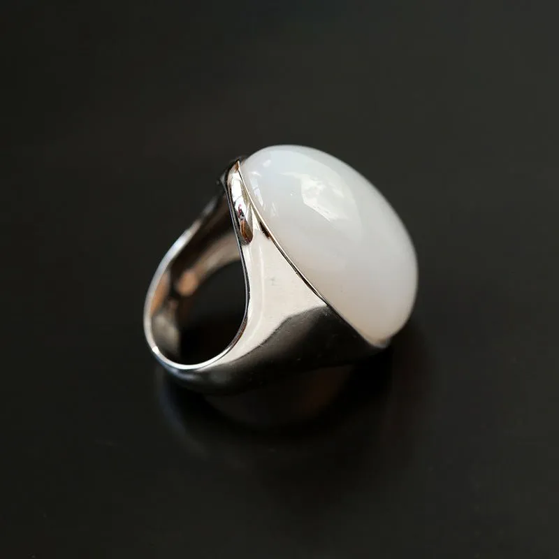 Gray White Chalcedony Oval Egg Ring