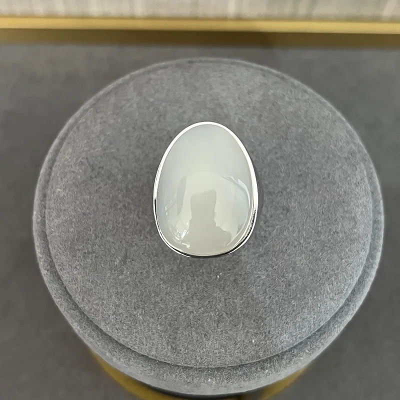 Gray White Chalcedony Oval Egg Ring