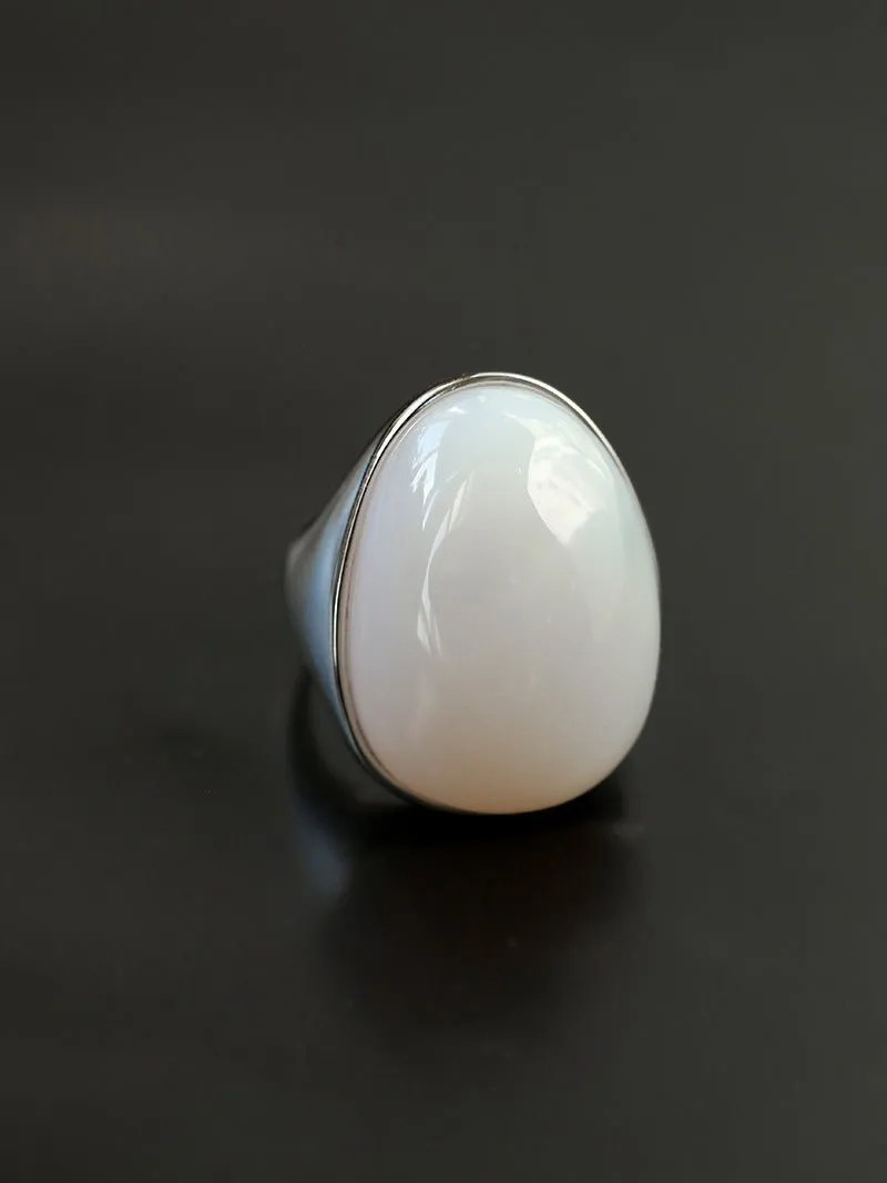 Gray White Chalcedony Oval Egg Ring