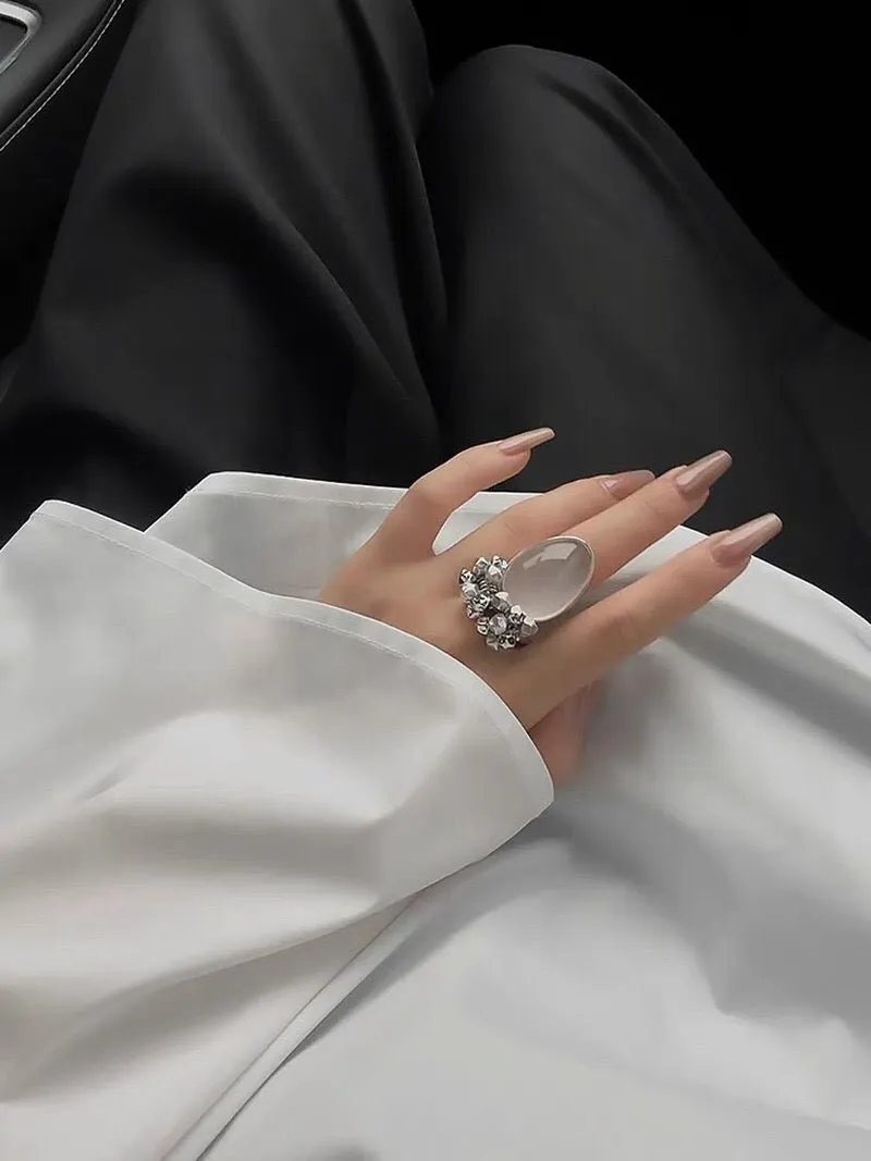 Gray White Chalcedony Oval Egg Ring