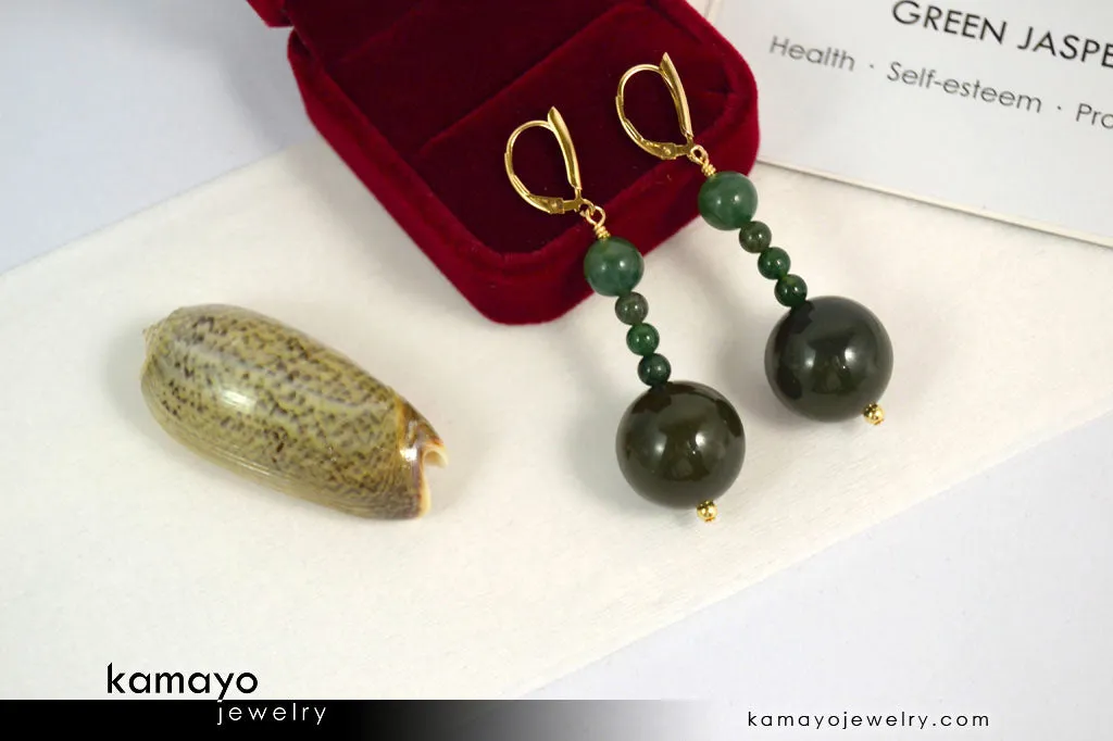 GREEN JASPER EARRINGS - Beaded Dangle Ear Rings for Women - Large Dark Green Ball Pendant - 14K Gold Filled Leverback
