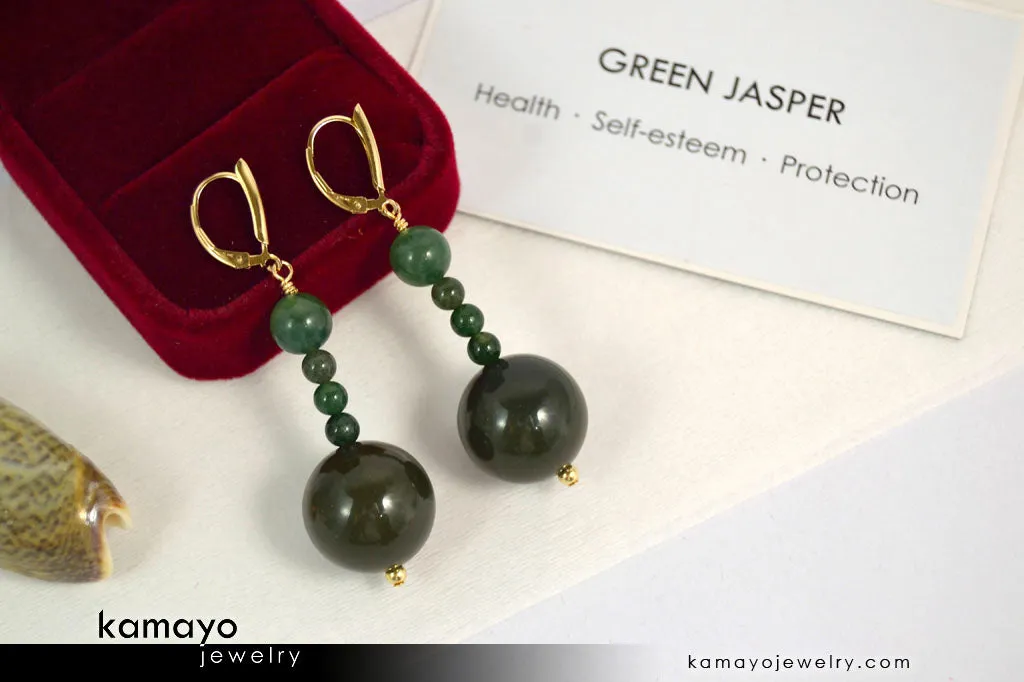GREEN JASPER EARRINGS - Beaded Dangle Ear Rings for Women - Large Dark Green Ball Pendant - 14K Gold Filled Leverback