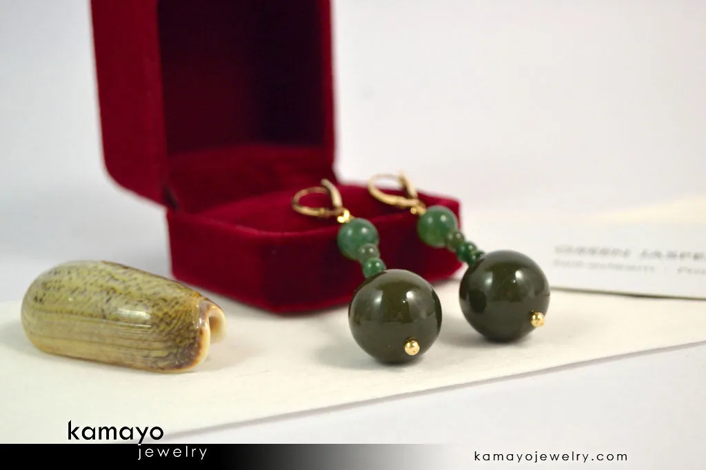 GREEN JASPER EARRINGS - Beaded Dangle Ear Rings for Women - Large Dark Green Ball Pendant - 14K Gold Filled Leverback