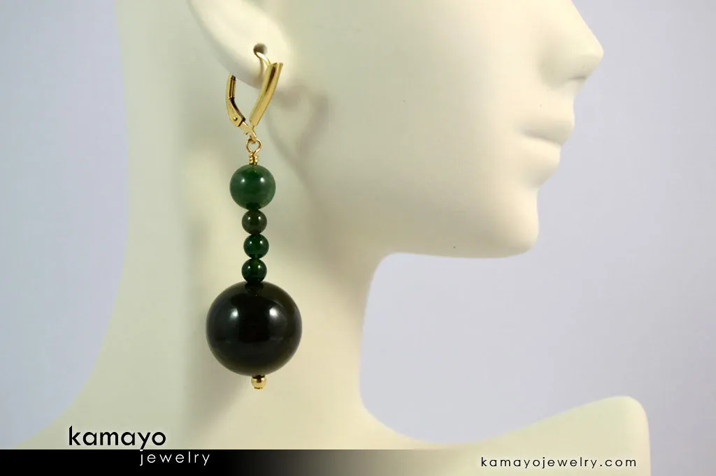 GREEN JASPER EARRINGS - Beaded Dangle Ear Rings for Women - Large Dark Green Ball Pendant - 14K Gold Filled Leverback