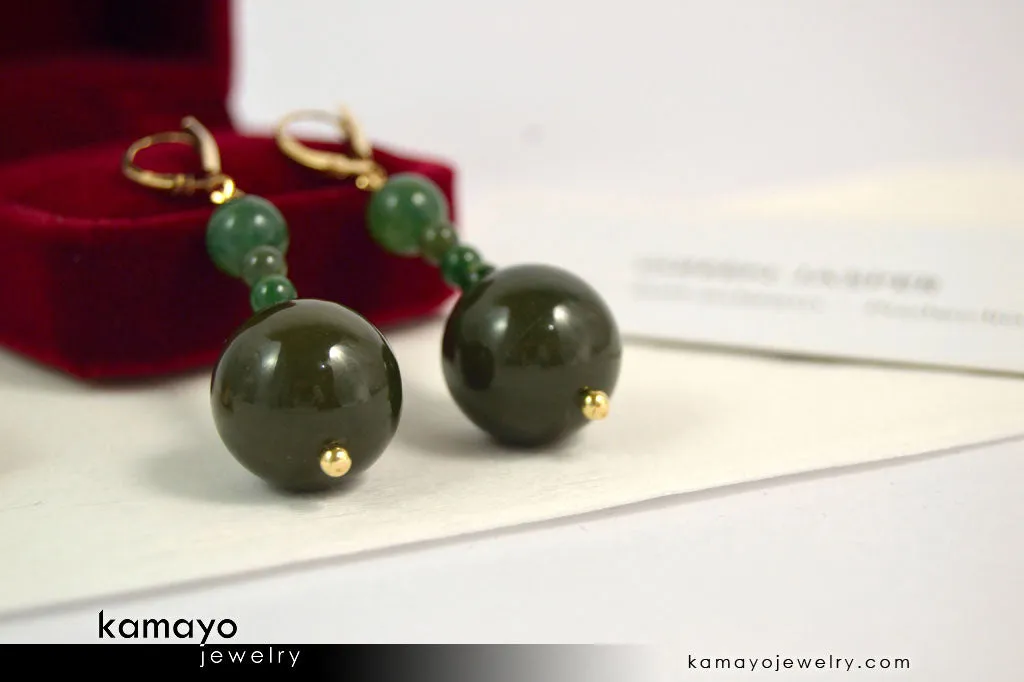 GREEN JASPER EARRINGS - Beaded Dangle Ear Rings for Women - Large Dark Green Ball Pendant - 14K Gold Filled Leverback