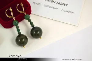 GREEN JASPER EARRINGS - Beaded Dangle Ear Rings for Women - Large Dark Green Ball Pendant - 14K Gold Filled Leverback