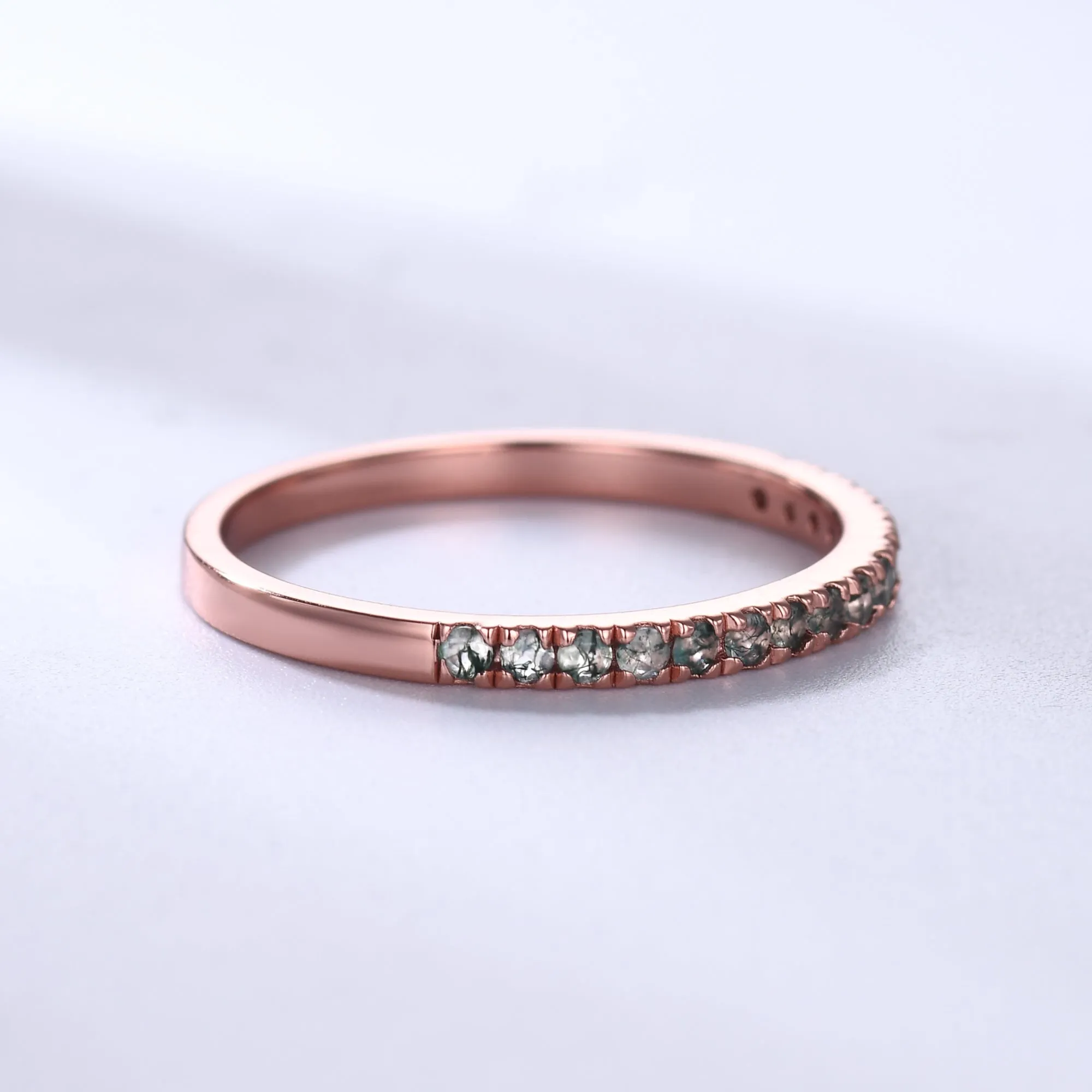 Green Moss Agate Wedding Band Rose Gold Half Eternity Ring Petite 2mm
