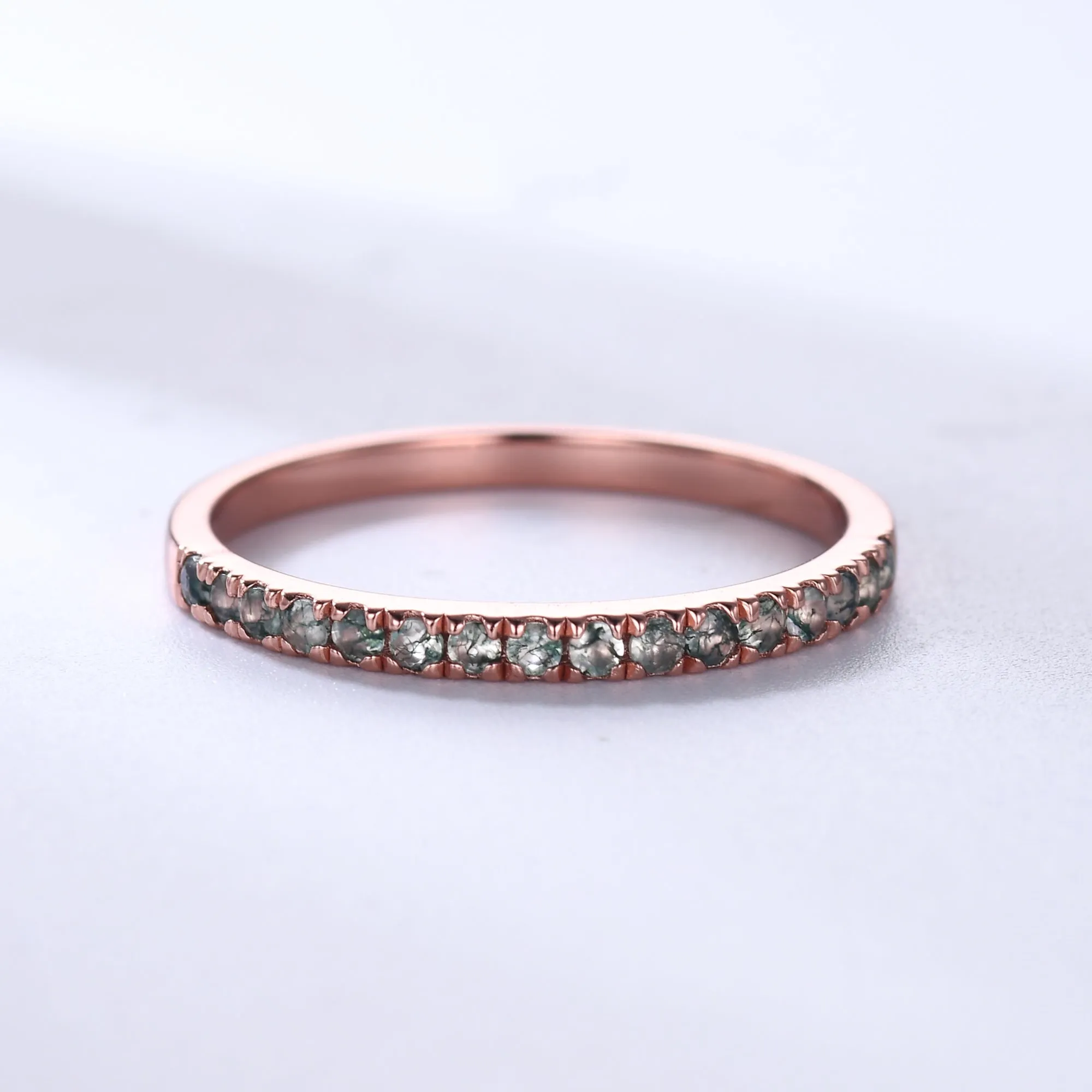 Green Moss Agate Wedding Band Rose Gold Half Eternity Ring Petite 2mm