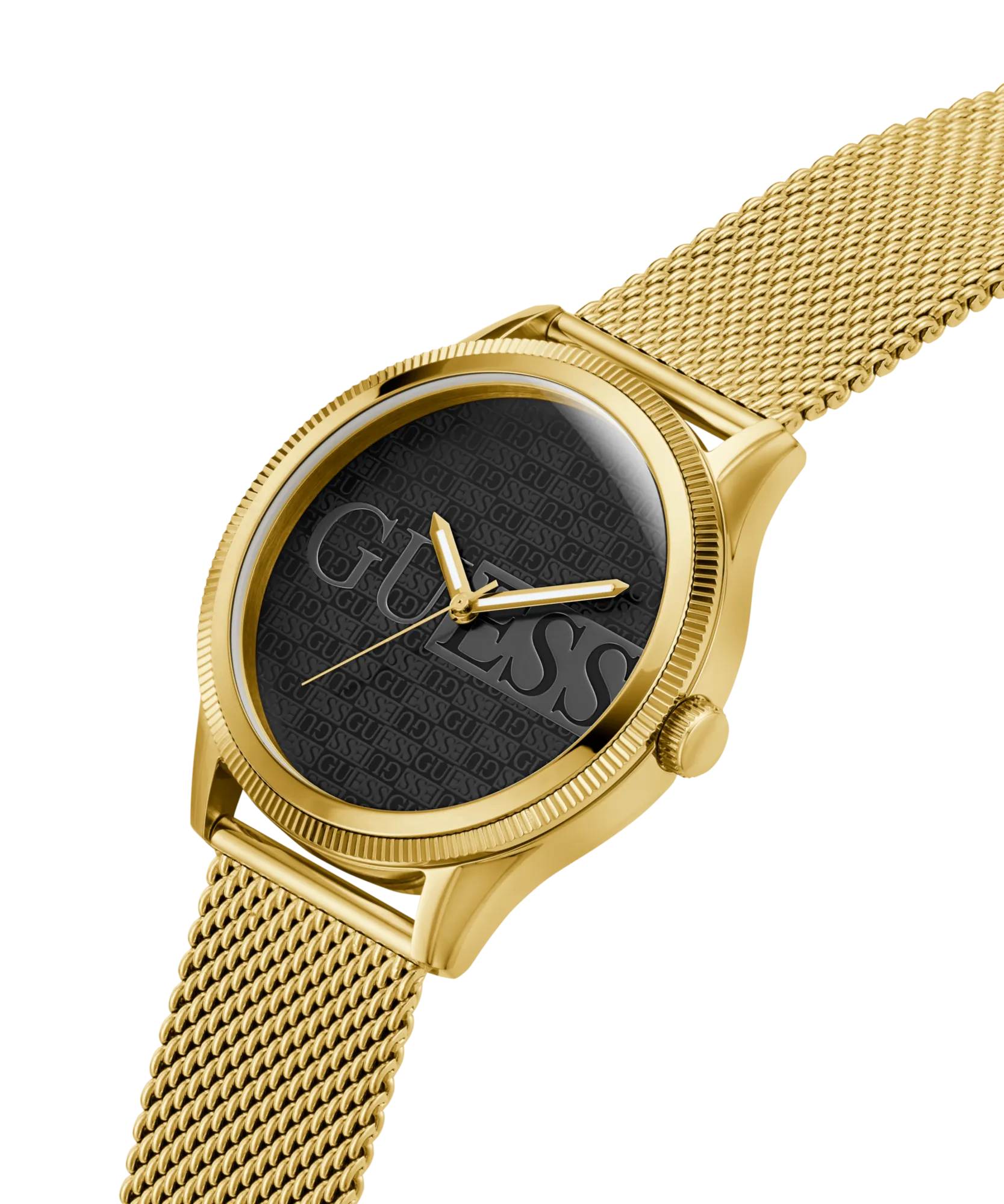 Guess Reputation Polished Gold Tone Case Sunray Black Logo Dial With Polished Gold Tone Mesh Bracelet GW0710G2
