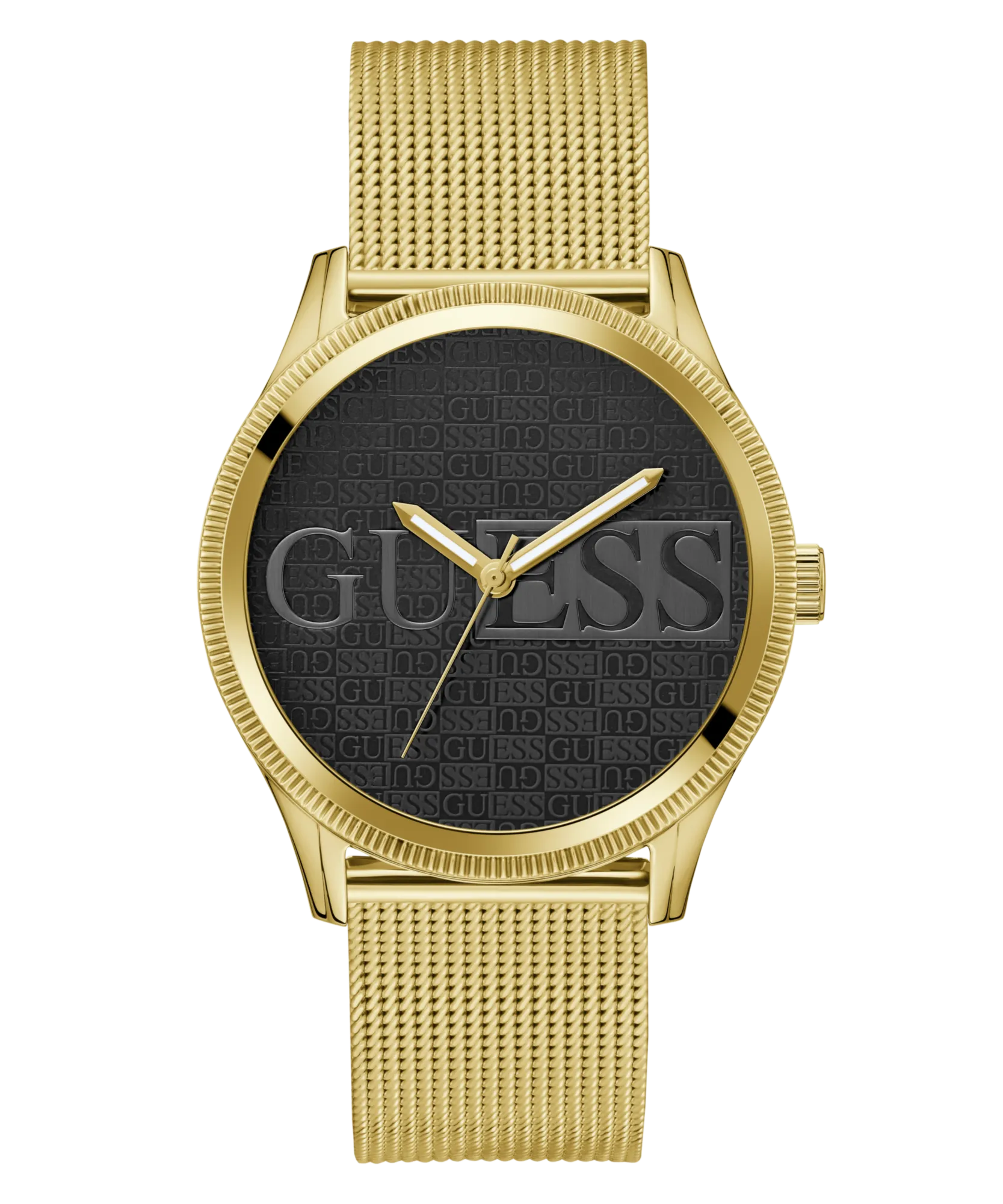 Guess Reputation Polished Gold Tone Case Sunray Black Logo Dial With Polished Gold Tone Mesh Bracelet GW0710G2