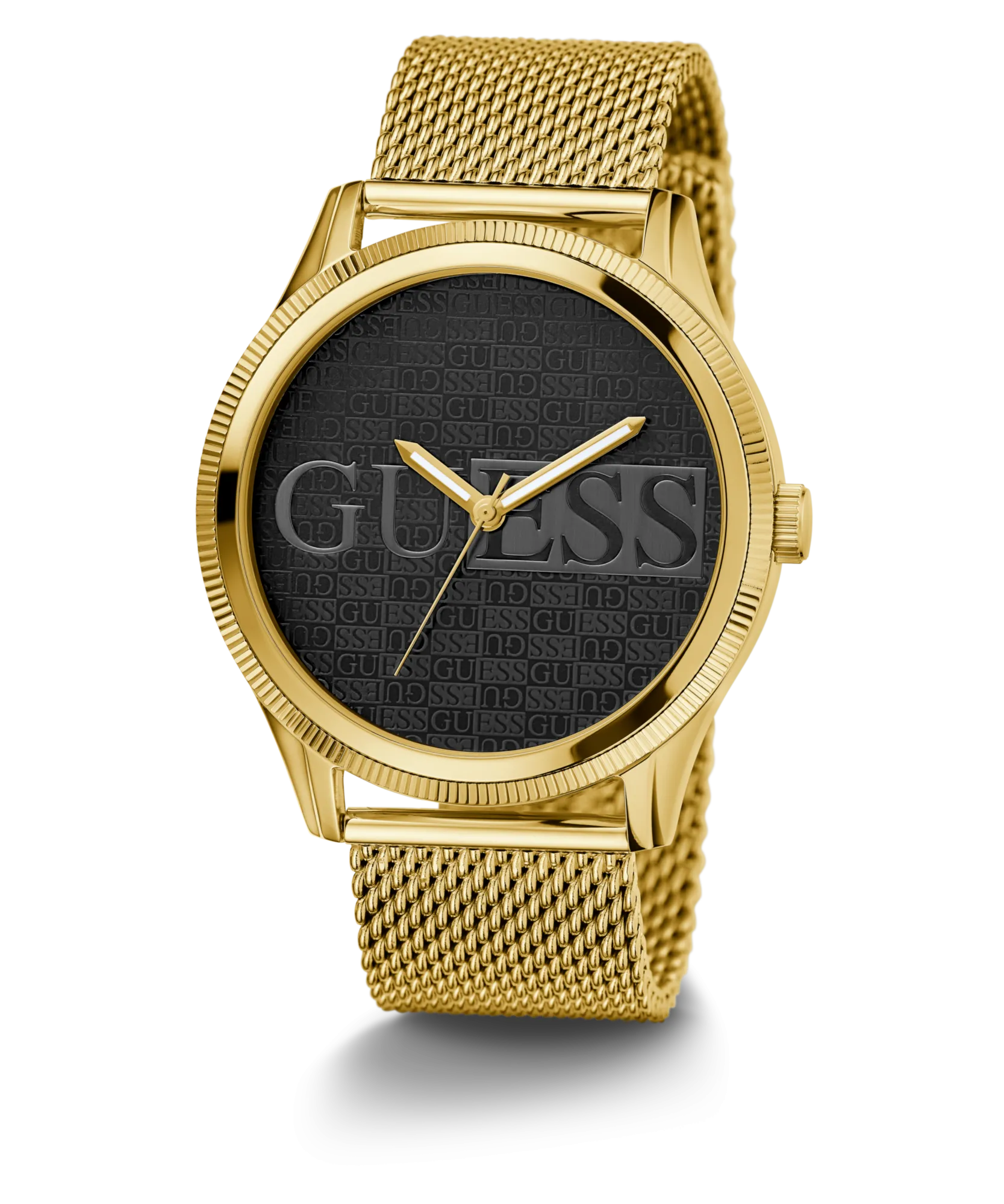Guess Reputation Polished Gold Tone Case Sunray Black Logo Dial With Polished Gold Tone Mesh Bracelet GW0710G2