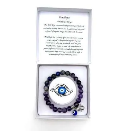 Hamsa Evil Eye Charm Bracelet- Amethyst