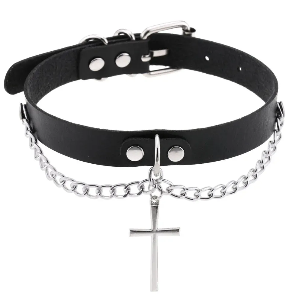 Harajuku Cosplay Rivet Punk Rock Gothi Women Collar Sexy PU Leather Heart Cross Spike Hip Hop Bondage Choker Jewelry
