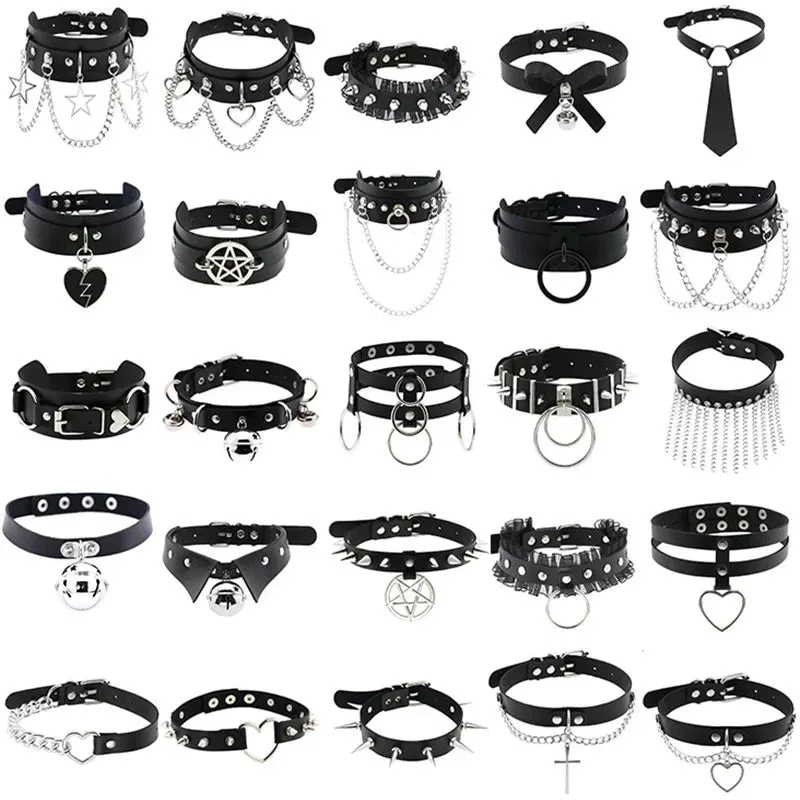 Harajuku Cosplay Rivet Punk Rock Gothi Women Collar Sexy PU Leather Heart Cross Spike Hip Hop Bondage Choker Jewelry