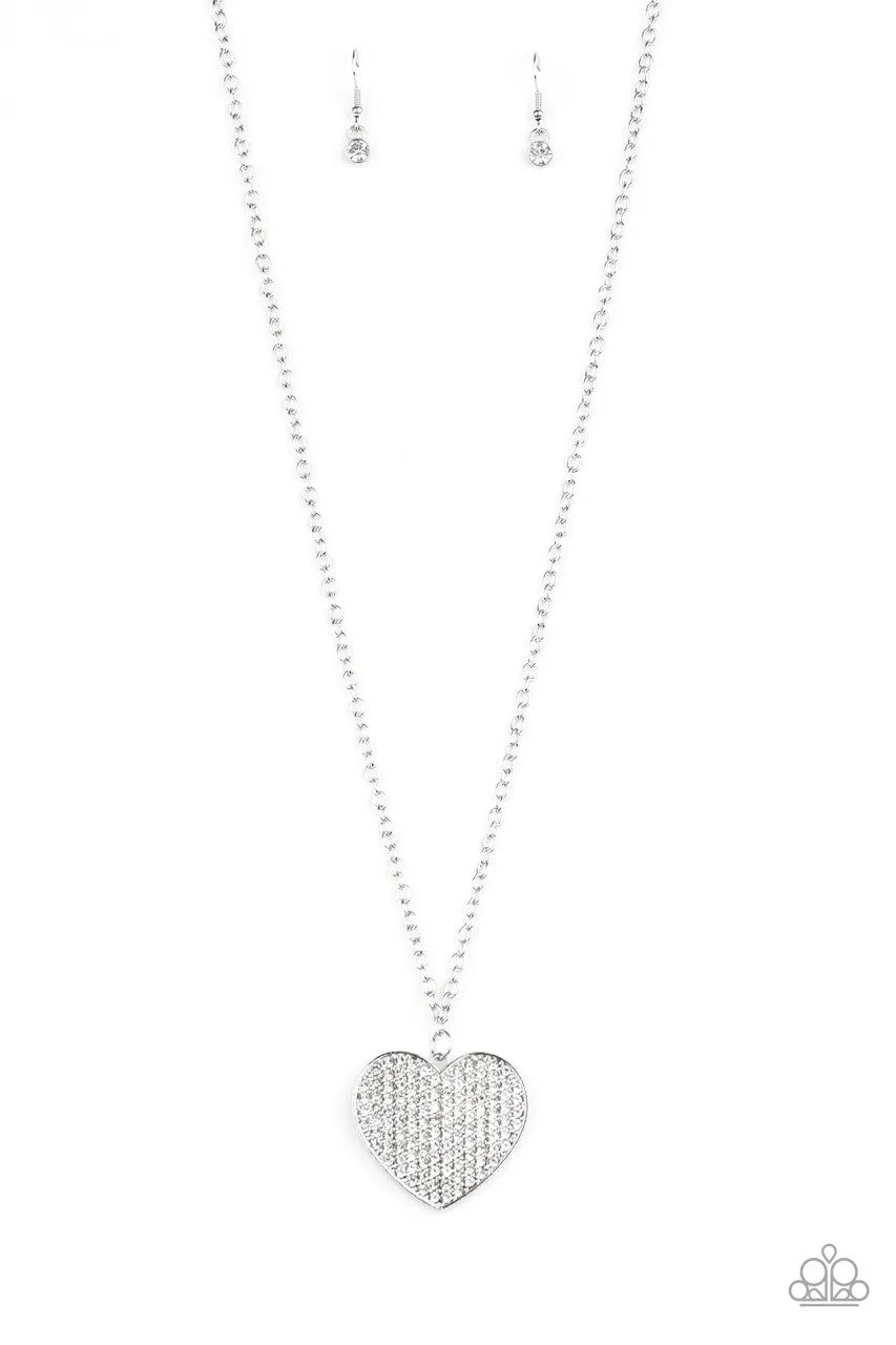 Have to Learn the HEART Way - White - Rhinestone Encrusted Heart Paparazzi Long Necklace