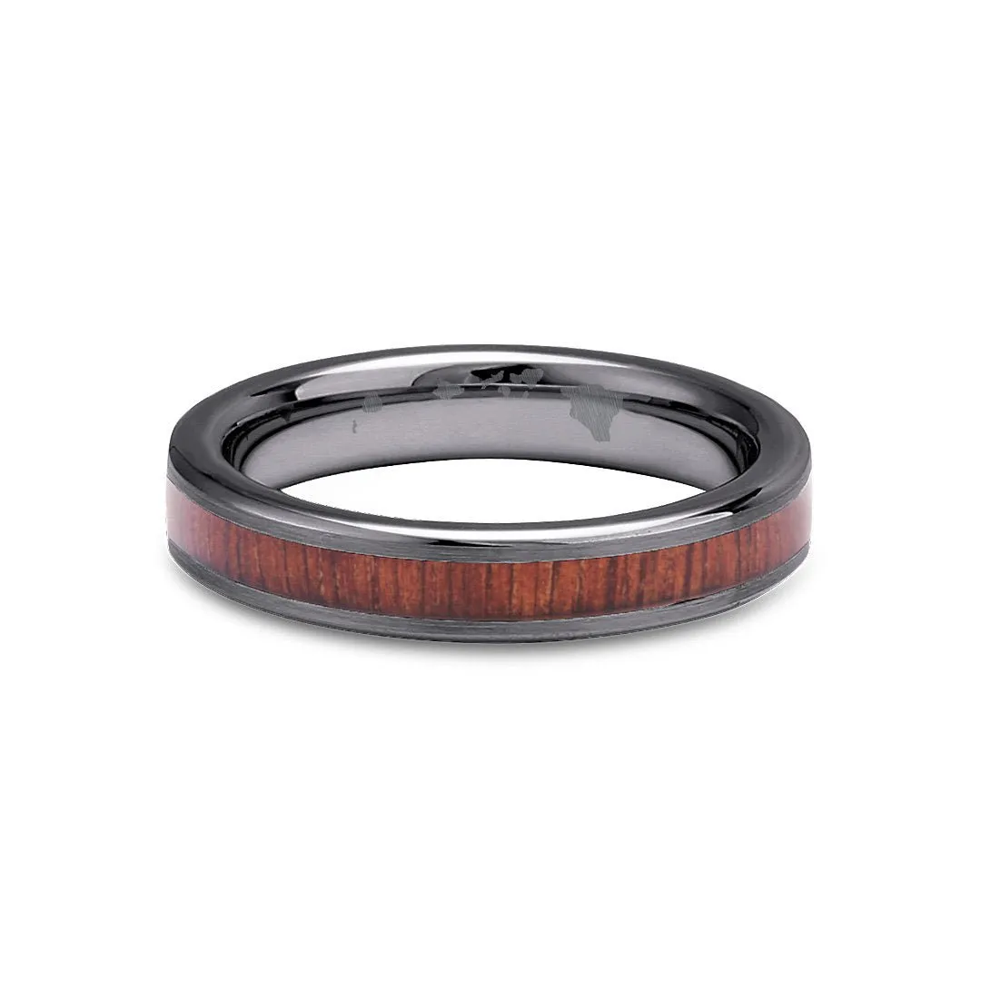 Hawaiian Koa Wood Thin Tungsten Ring - Gunmetal Brushed