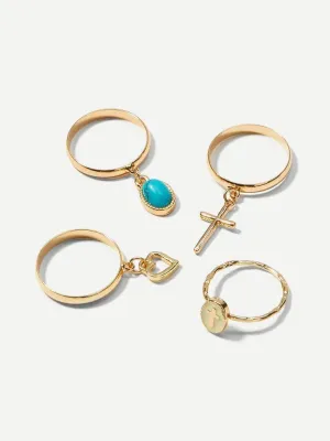 Heart & Cross Detail Rings Set 4pcs