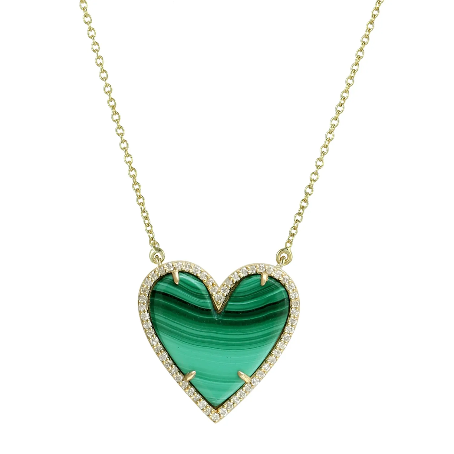 Heart Cut Malachite Gemstone Pave Diamond In 14K Yellow Gold Choker Necklace