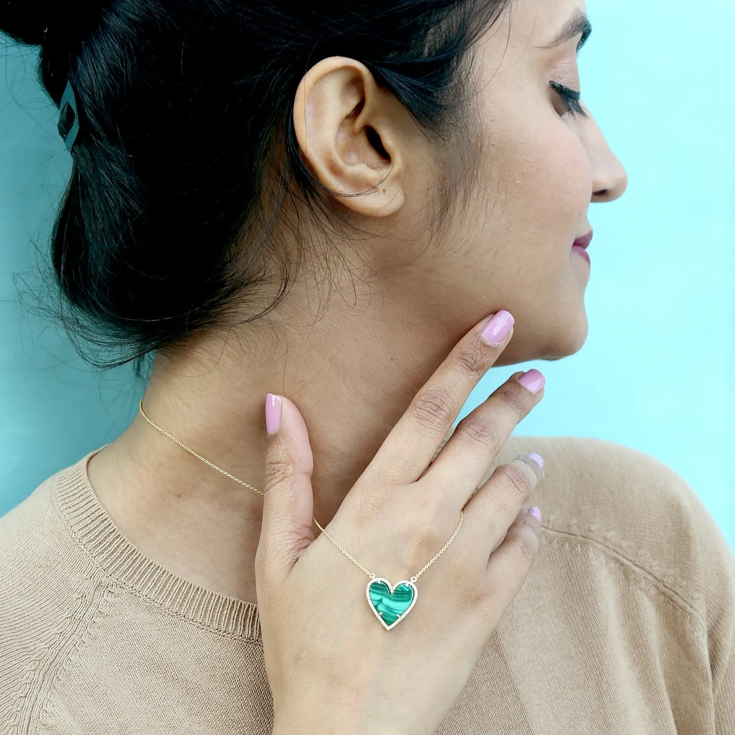 Heart Cut Malachite Gemstone Pave Diamond In 14K Yellow Gold Choker Necklace